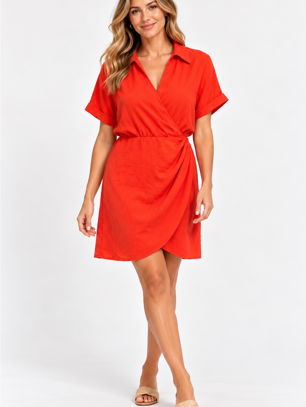 Nine West Bright Orange Short Sleeve Wrap Midi Dress